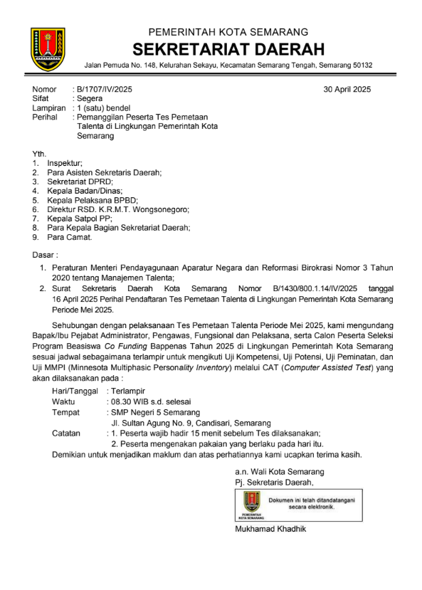 Undangan Pemanggilan Peserta Tes Pemetaan Talenta di Lingkungan Pemerintah Kota Semarang Periode Bulan Mei 2025